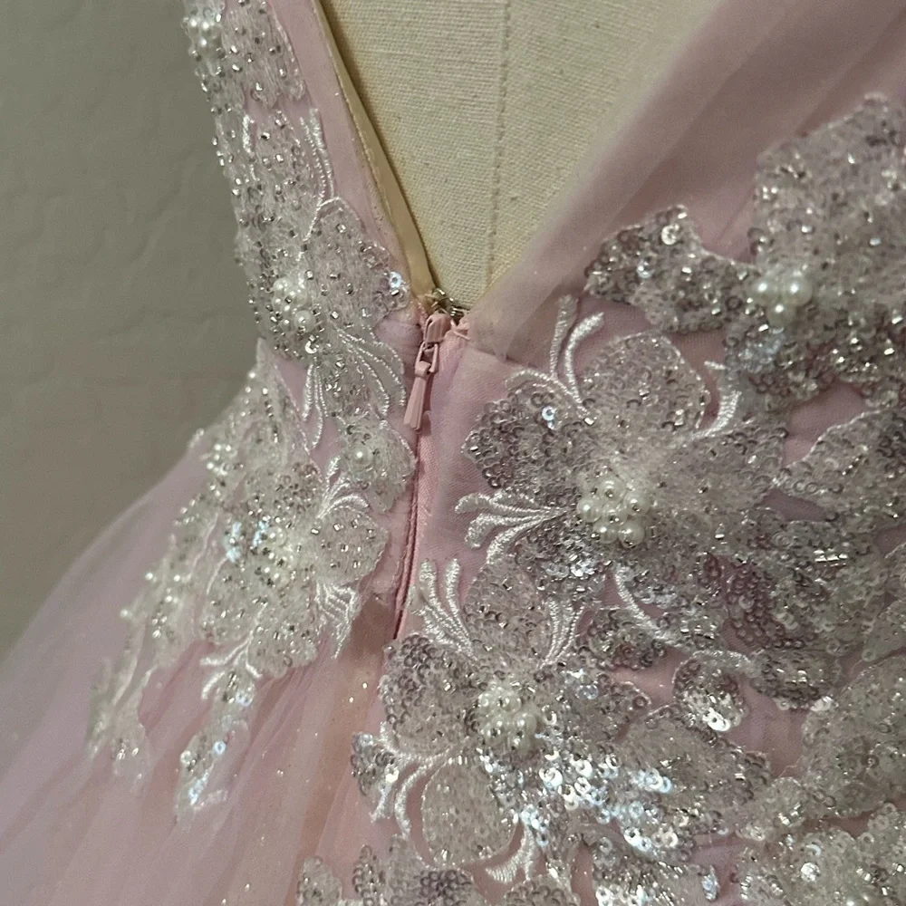 🔴CLEARANCE NEW JOVANI SZ 12 LIGHT PINK BEAD SHIMMER TULLE FIT FLARE FORMAL DRESS